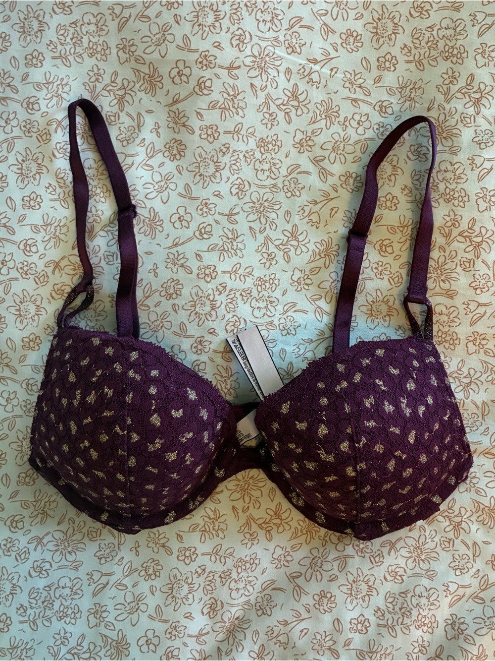 Victoria's Secret Sexy Tee Push-Up Leopard Lace Bra with Gold Lace Overlay
